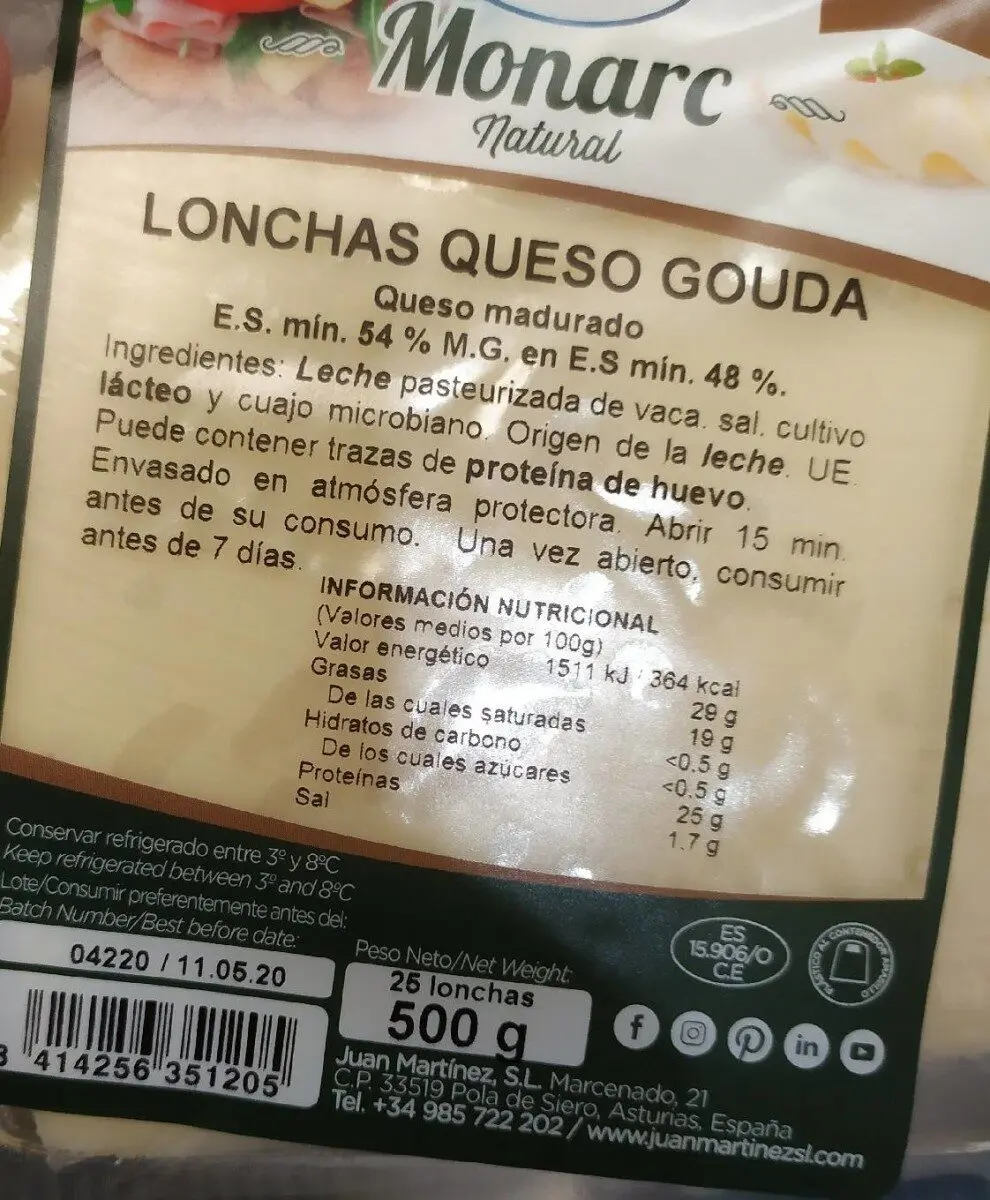 queso gouda tabla nutricional - Cuántas proteínas tiene una loncha de queso Gouda
